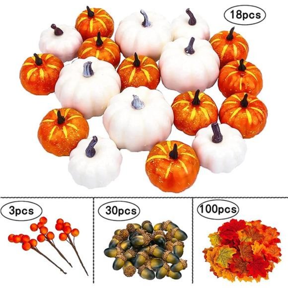 151 Pcs Artificial Pumpkin, Fake Gourds Pumpkin Autumn Maple Leaves Thanksgiving - Picture 2 of 6